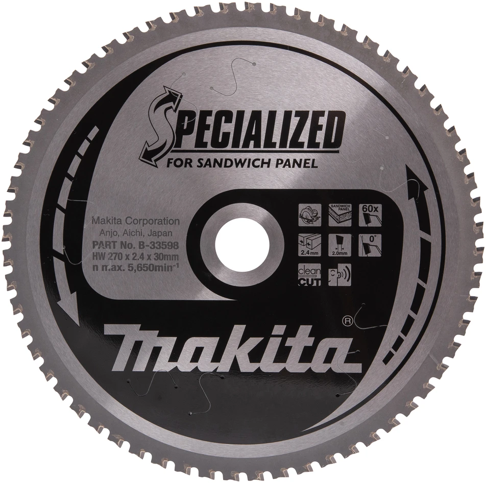 Makita T.C.T. pjūklas SPECIALIZED 270X2.4X30mm 0° T60 T.C.T. pjūklas SPECIALIZED 270X2.4X30mm 0° T60 B-33598 T.C.T • 270 x30 mm • T60 • 0° • Daugiasluoknėms plokštėms