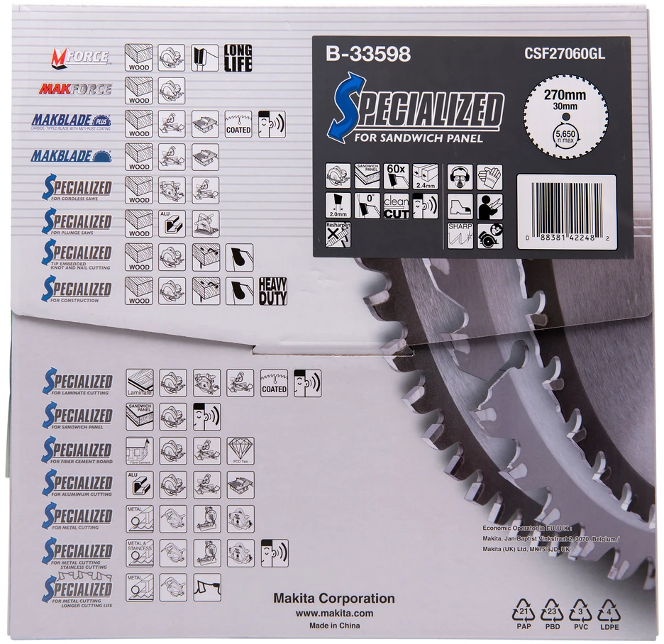 Makita T.C.T. pjūklas SPECIALIZED 270X2.4X30mm 0° T60 T.C.T. pjūklas SPECIALIZED 270X2.4X30mm 0° T60 B-33598 T.C.T • 270 x30 mm • T60 • 0° • Daugiasluoknėms plokštėms