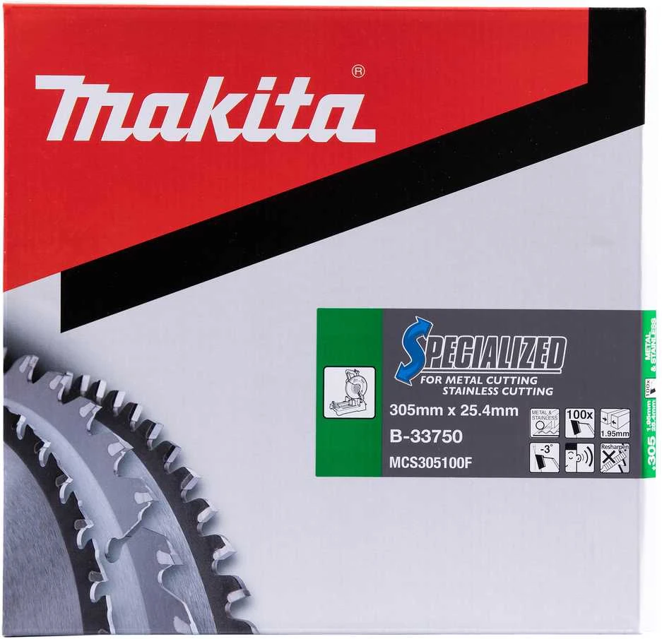 Makita T.C.T. pjūklas SPECIALIZED 305X1.95X25.4mm -3° T100 B-33750 T.C.T • 305 x25.4 mm • T100 • -3° • Metalui/Nerūd. plienui