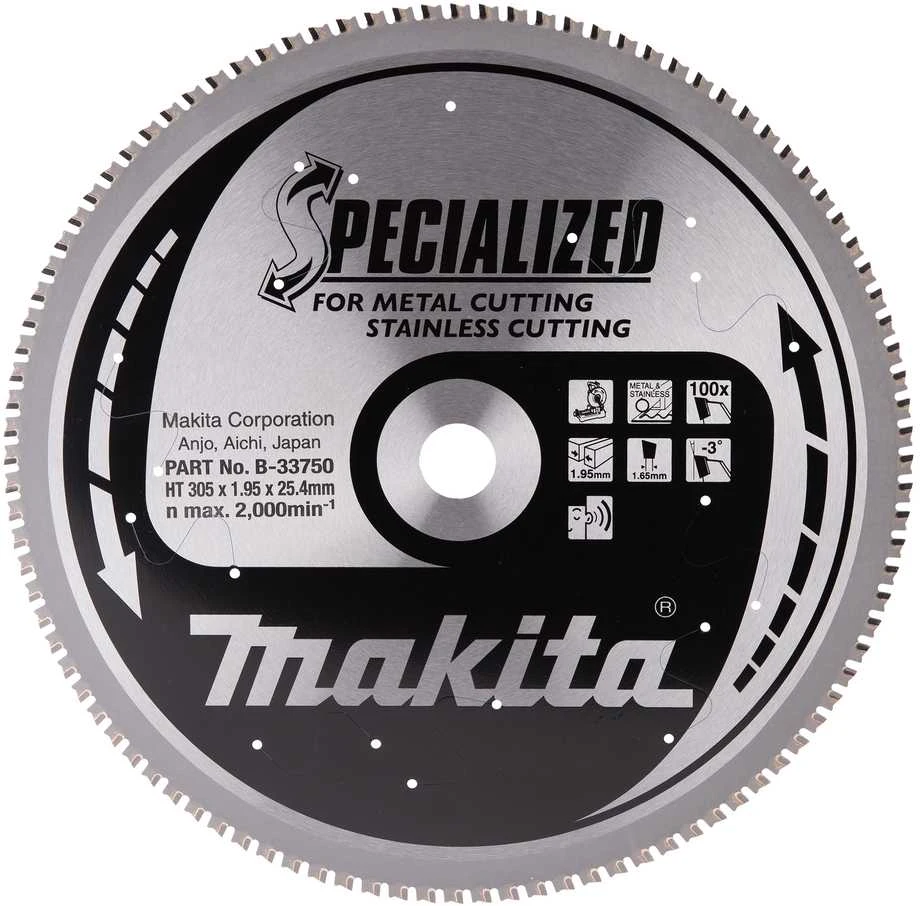Makita T.C.T. pjūklas SPECIALIZED 305X1.95X25.4mm -3° T100 B-33750 T.C.T • 305 x25.4 mm • T100 • -3° • Metalui/Nerūd. plienui