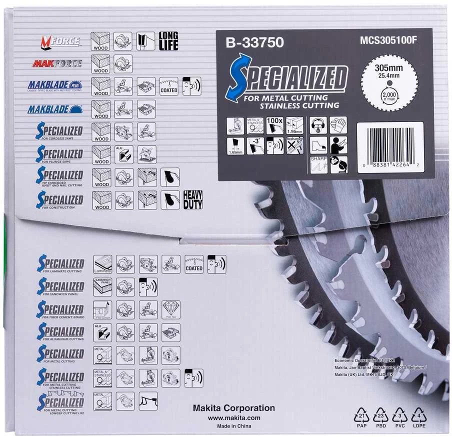 Makita T.C.T. pjūklas SPECIALIZED 305X1.95X25.4mm -3° T100 B-33750 T.C.T • 305 x25.4 mm • T100 • -3° • Metalui/Nerūd. plienui