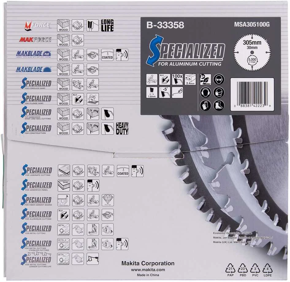 Makita T.C.T. pjūklas SPECIALIZED 305X2.4X30mm -5° T100 B-33358 T.C.T • 305 x30 mm • T100 • -5° • Aliuminiui