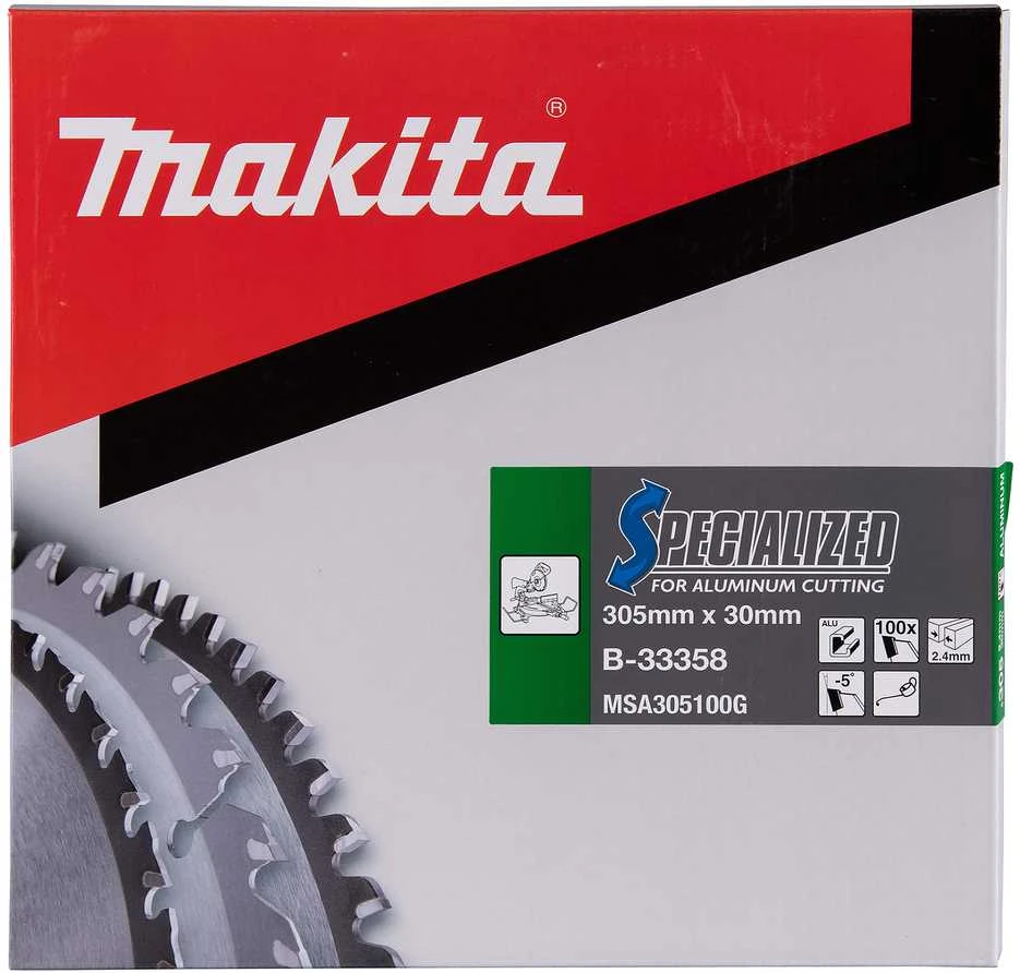 Makita T.C.T. pjūklas SPECIALIZED 305X2.4X30mm -5° T100 B-33358 T.C.T • 305 x30 mm • T100 • -5° • Aliuminiui