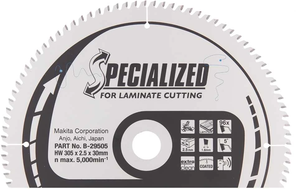 Makita T.C.T. pjūklas SPECIALIZED 305X2.5X30mm 5° T96 B-29505 T.C.T • 305 x30 mm • T96 • 5° • MDF/laminatui