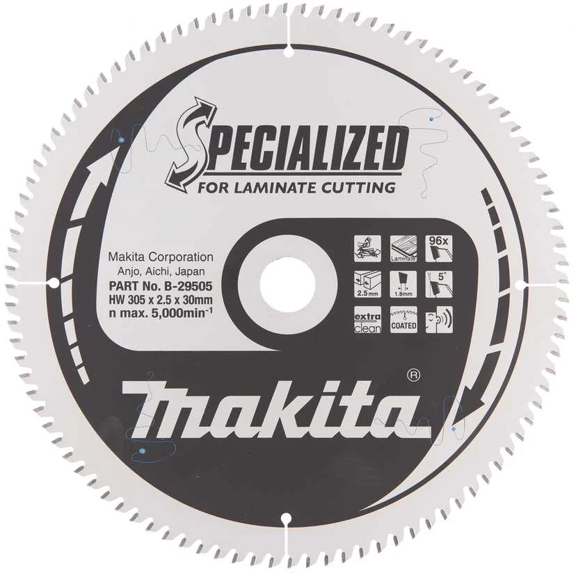 Makita T.C.T. pjūklas SPECIALIZED 305X2.5X30mm 5° T96 B-29505 T.C.T • 305 x30 mm • T96 • 5° • MDF/laminatui