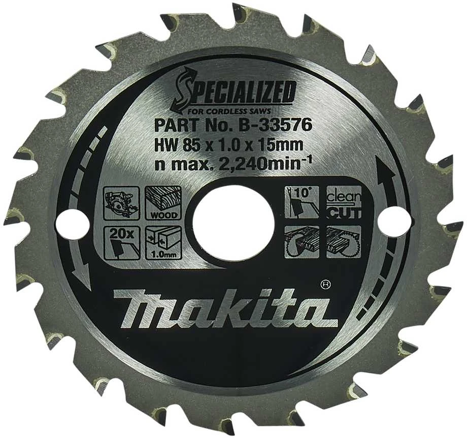 Makita T.C.T. pjūklas SPECIALIZED 85X1X15mm 10° T20 B-33576 T.C.T • 85 x15 mm • T20 • 10° • Medienai