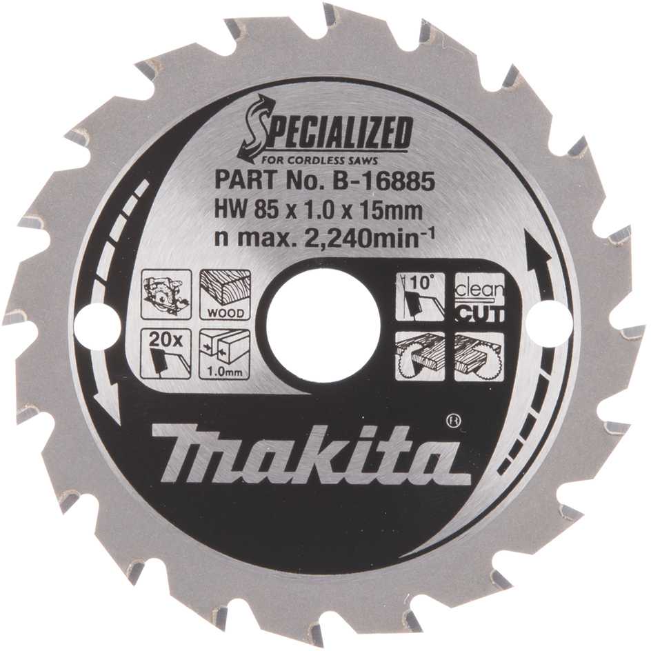 Makita T.C.T. pjūklas SPECIALIZED 85X1X15mm 10° T20 B-16885 T.C.T • 85 x15 mm • T20 • 10° • Medienai