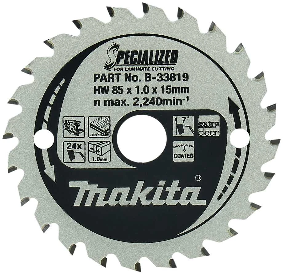 Makita T.C.T. pjūklas SPECIALIZED 85X1X15mm 7° T24 B-33819 T.C.T • 85 x15 mm • T24 • 7° • MDF/laminatui