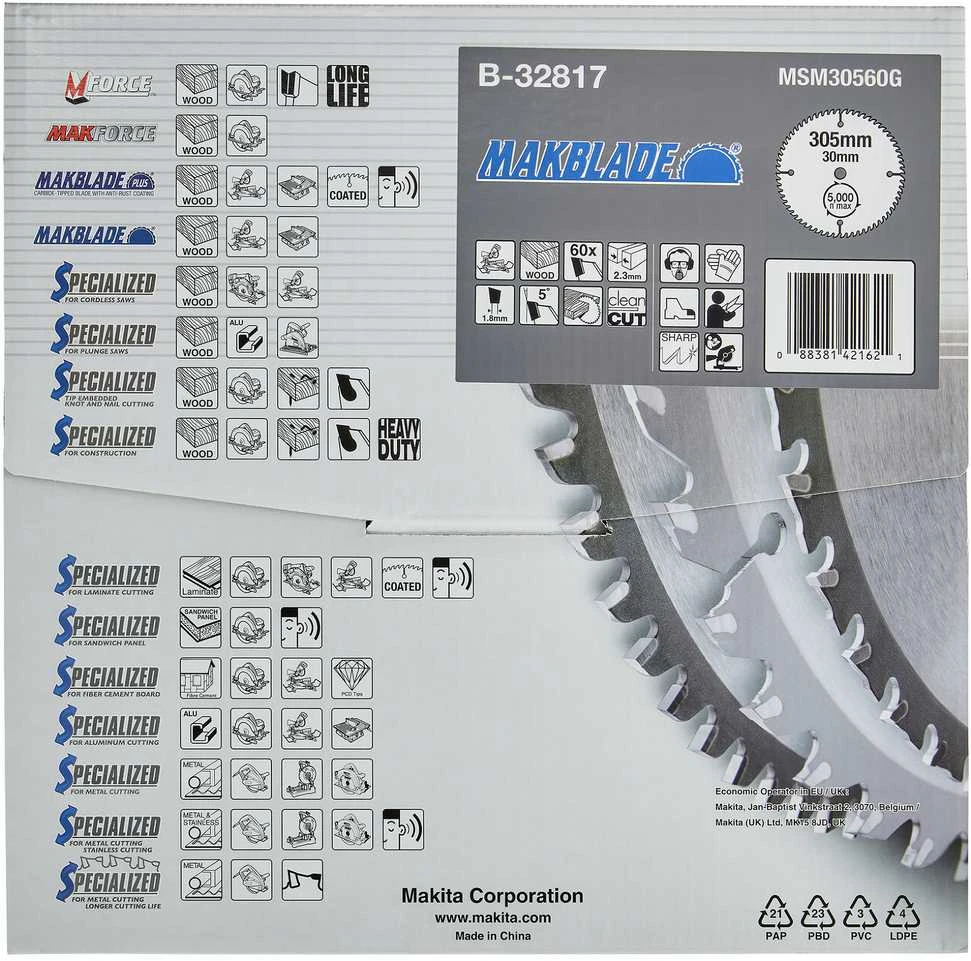 Makita T.C.T. Zāģripa MAKBLADE 305X2.3X30mm 5° T60 B-32817 T.C.T • 305 x30 mm • T60 • 5° • Kokam