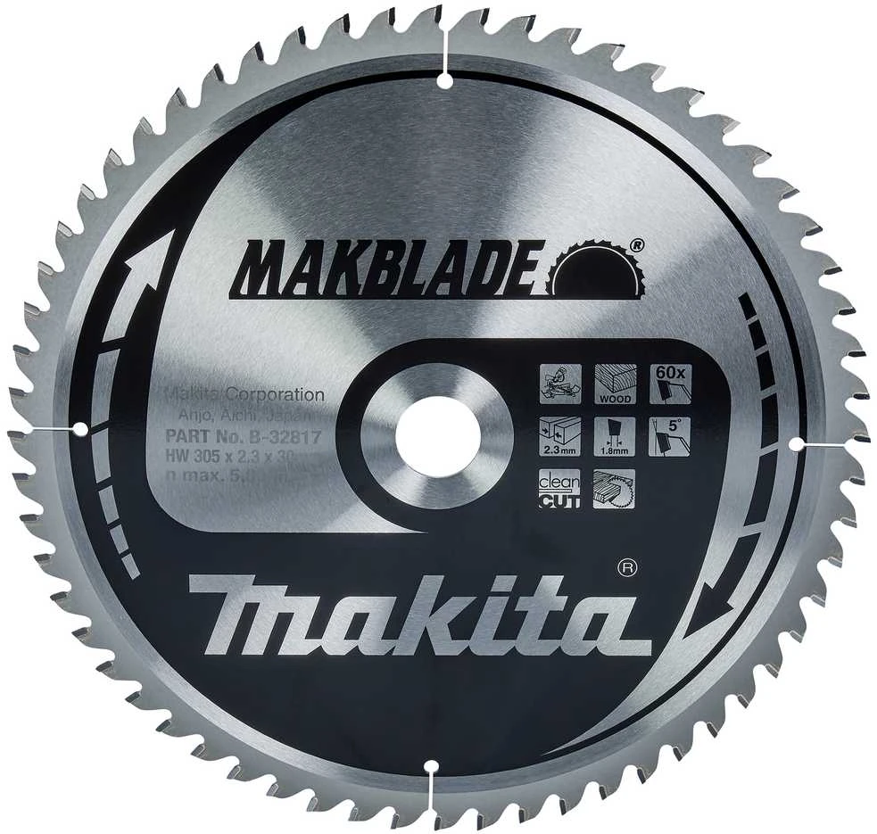 Makita T.C.T. Zāģripa MAKBLADE 305X2.3X30mm 5° T60 B-32817 T.C.T • 305 x30 mm • T60 • 5° • Kokam