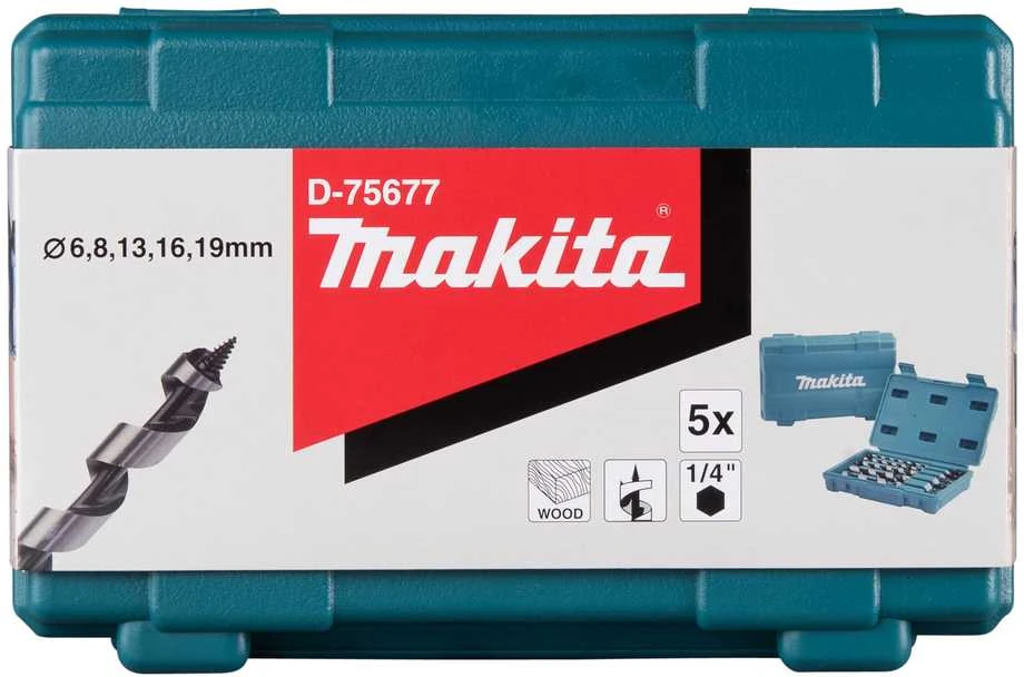 Grąžtas Makita Viengubos spiralės grąžtai medienai su 1/4" šešiakampiais koteliais, rinkinyje 5 vnt. D-75677 (6, 8, 13, 16, 19)