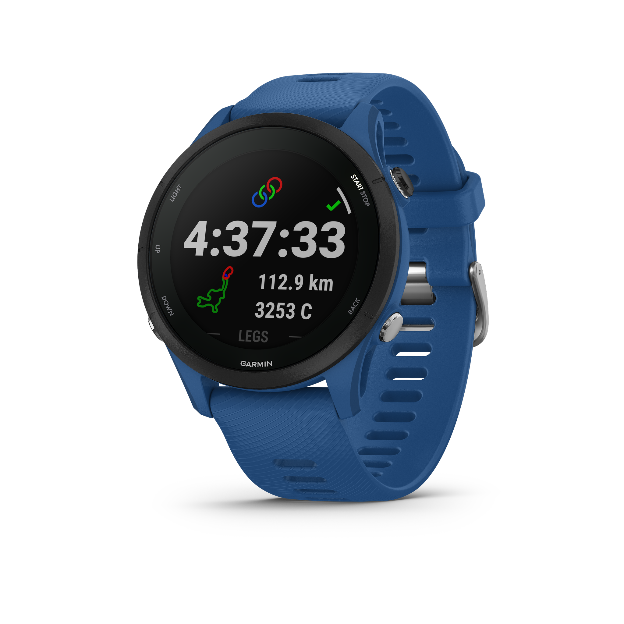 Išmanusis laikrodis Garmin Forerunner 255, Juodos spalvos apvadas su mėlynos spalvos silikoniniu dirželiu, 46mm