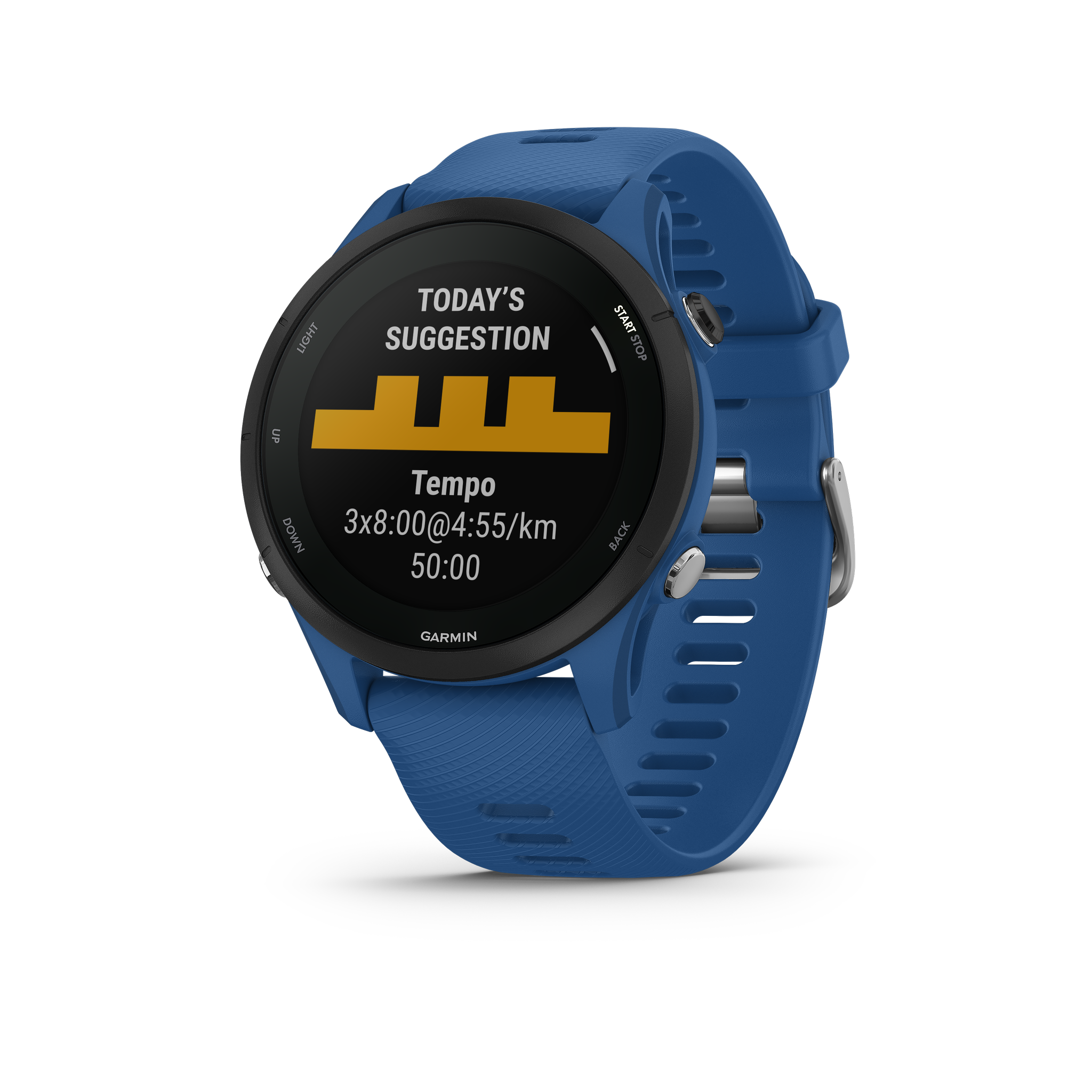 Išmanusis laikrodis Garmin Forerunner 255, Juodos spalvos apvadas su mėlynos spalvos silikoniniu dirželiu, 46mm