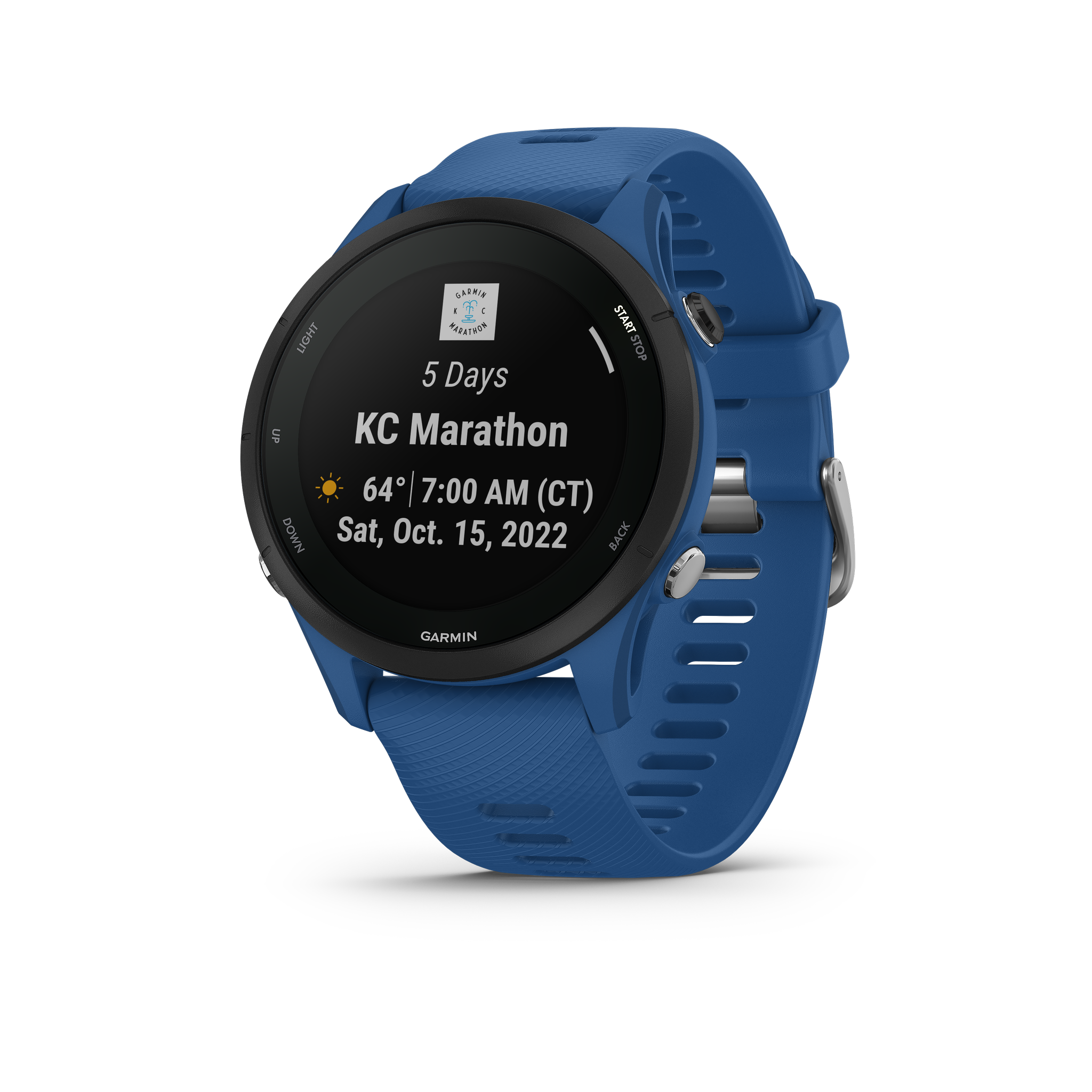 Išmanusis laikrodis Garmin Forerunner 255, Juodos spalvos apvadas su mėlynos spalvos silikoniniu dirželiu, 46mm