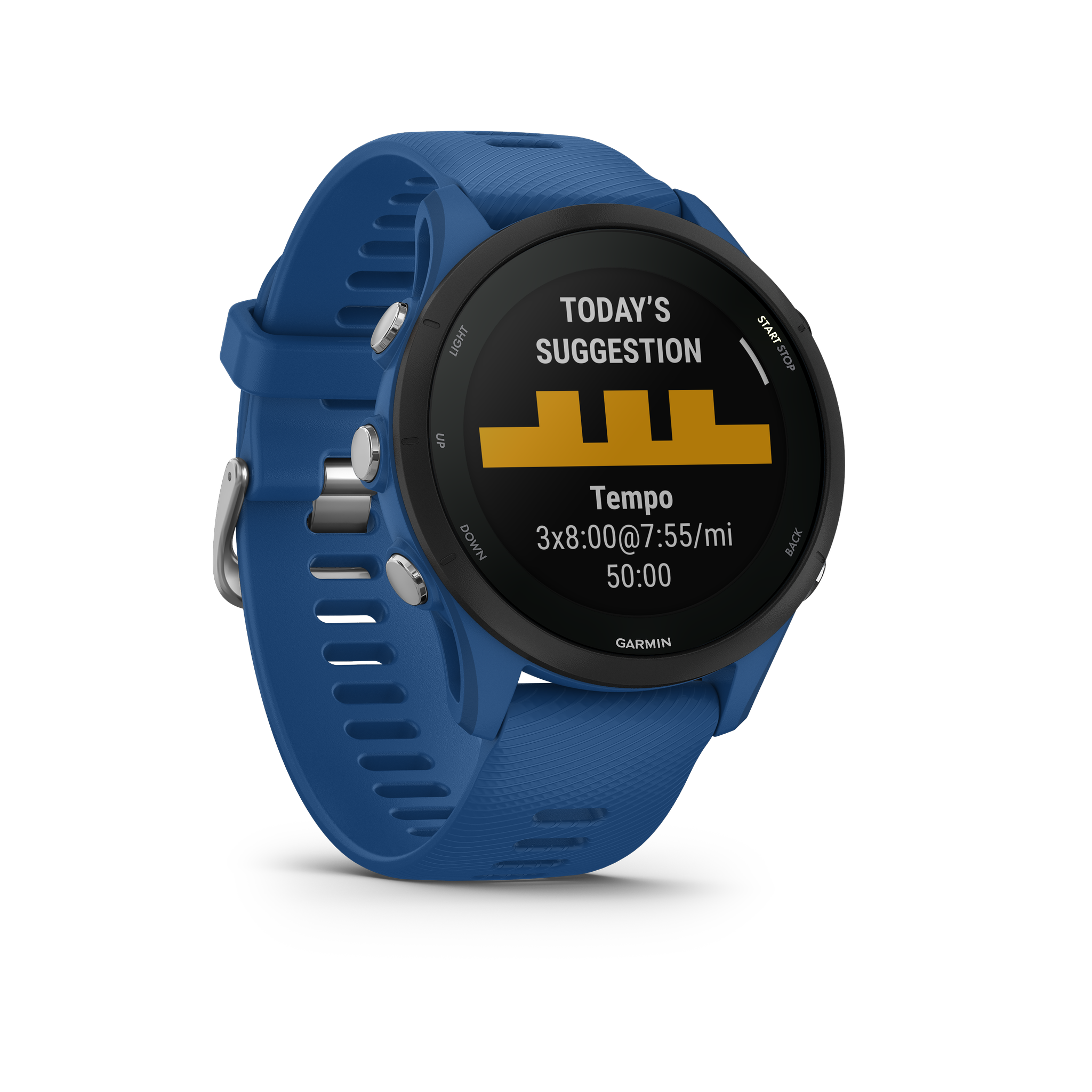 Išmanusis laikrodis Garmin Forerunner 255, Juodos spalvos apvadas su mėlynos spalvos silikoniniu dirželiu, 46mm