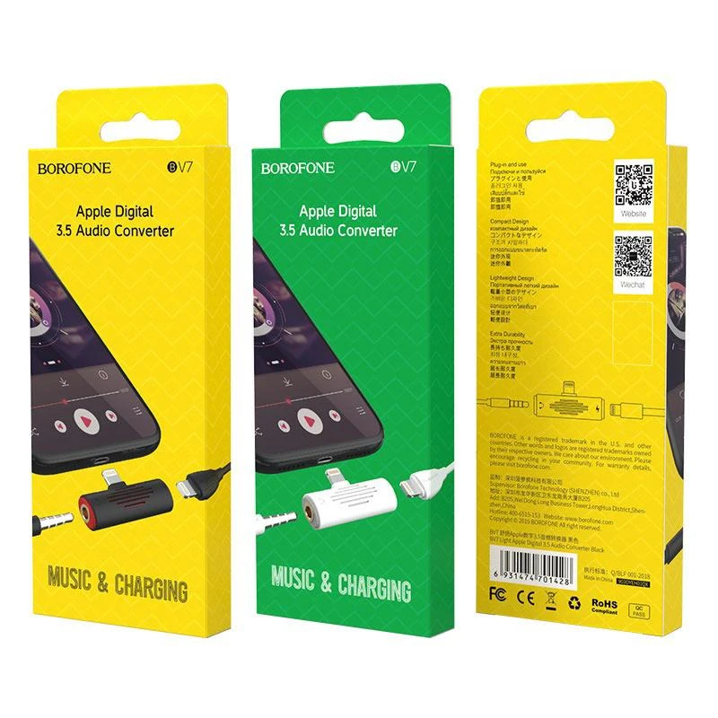 Adapteris Borofone BV7 iš Lightning į Lightning + 3,5mm baltas