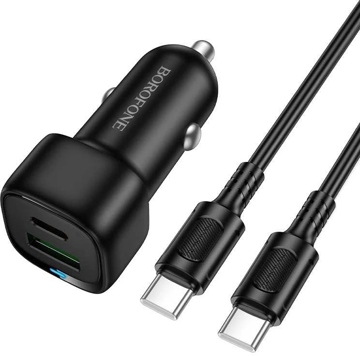 Borofone automobilinis įkroviklis BZ34B Cloud - USB + Type C - QC 3.0 PD 38W su Type C į Type C kabeliu juodos spalvos