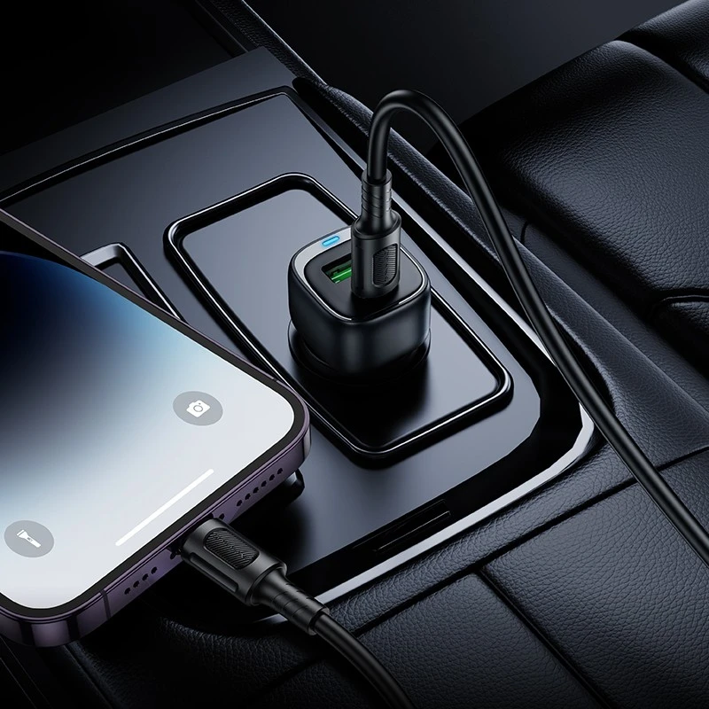 Borofone automobilinis įkroviklis BZ34B Cloud - USB + Type C - QC 3.0 PD 38W juodos spalvos