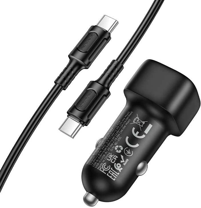 Borofone automobilinis įkroviklis BZ34B Cloud - USB + Type C - QC 3.0 PD 38W su Type C į Type C kabeliu juodos spalvos