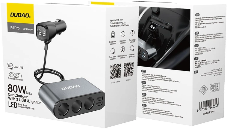 Dudao automobilinis įkroviklis 2x USB / 3x cigarečių žiebtuvėlio skirstytuvas juodas (R1Pro juodas)