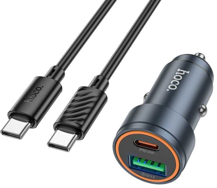Automobilinis įkroviklis Hoco Z57A 30W USB-C/USB-A + USB-C to USB-C cable 1.0m pilkas