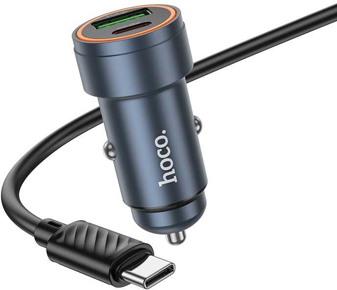 Automobilinis įkroviklis Hoco Z57A 30W USB-C/USB-A + USB-C to USB-C cable 1.0m pilkas
