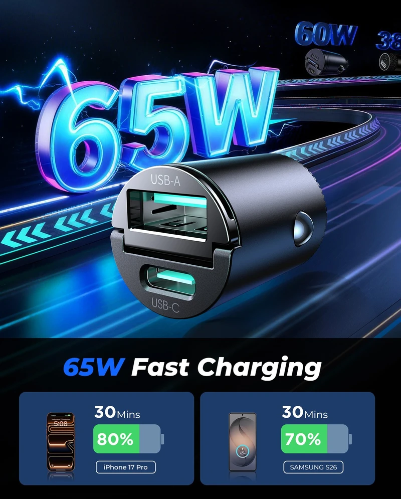 Joyroom JR-CCN18 65W USB-A USB-C Car Charger - Juodas