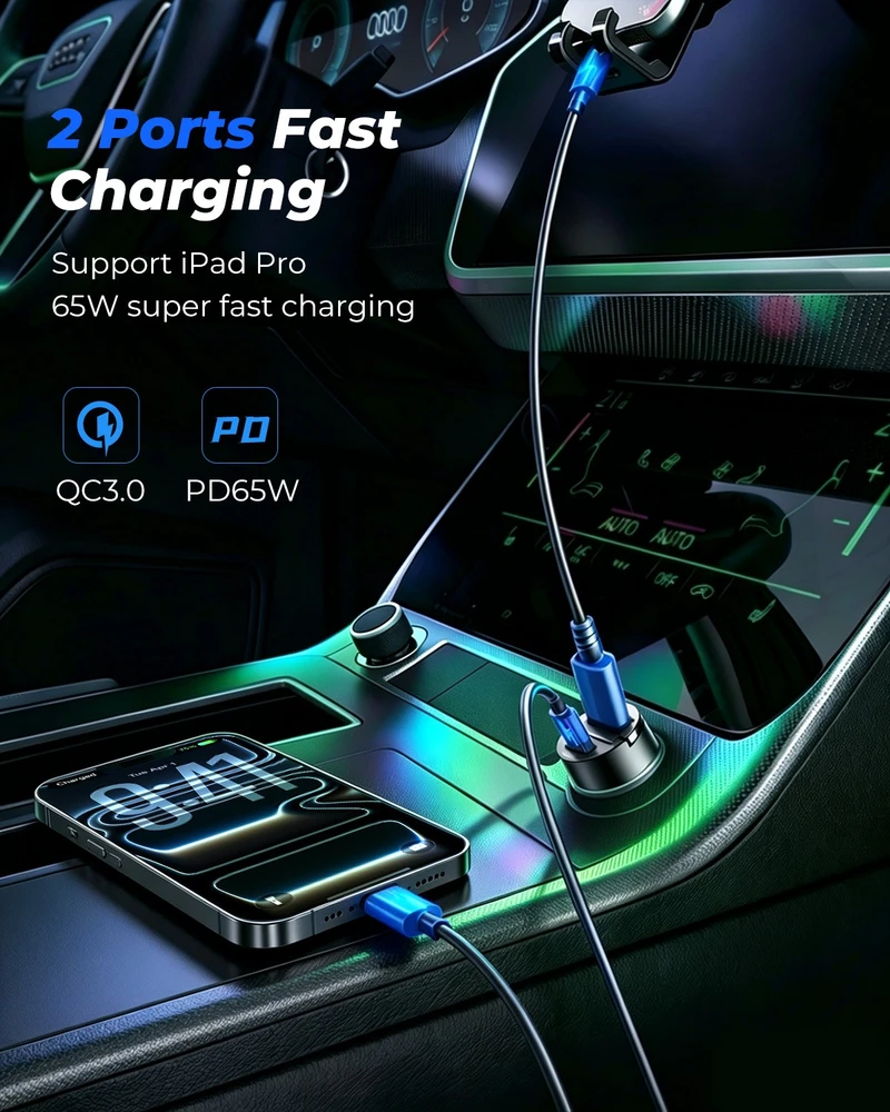 Joyroom JR-CCN18 65W USB-A USB-C Car Charger - Juodas