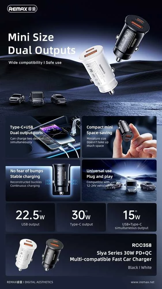Automobilinis įkroviklis 30W QC USB + USB-C PD Remax Siya Series RCC358 juodos spalvos