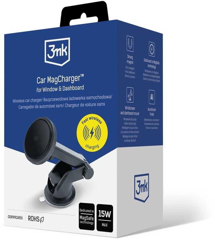 3MK Car MagCharger 15W indukcinio įkrovimo laikiklis priekiniam stiklui/prietaisų skydeliui juodos spalvos