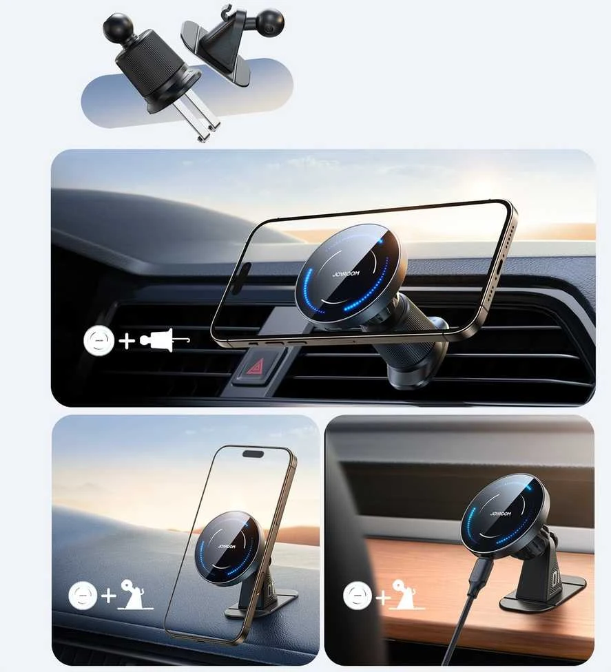 Joyroom JR-ZS502 MagSafe Compatible automobilinis laikiklis with Wireless Charger skirtas Air Vent/Dashboard – juodos spalvos