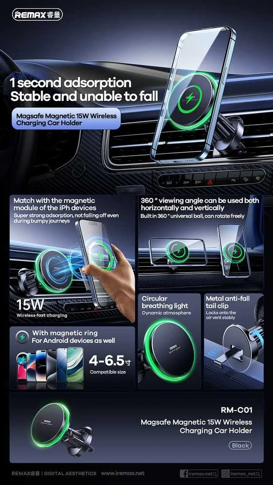 Dėklas Automobilinis laikiklis-įkroviklis Remax RM-C01 MagSafe 15W juodas