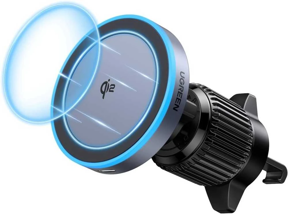 Ugreen Automobilinis magnetinis telefono laikiklis su belaidžiu Qi2 įkrovimu 15W, pilkas