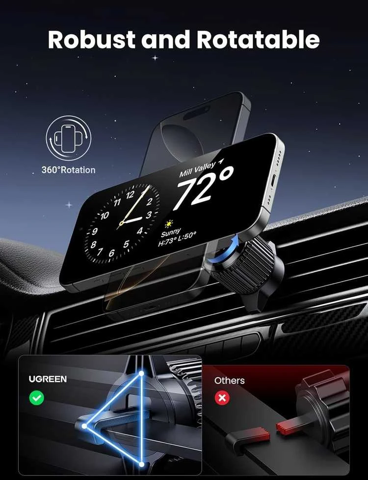 Ugreen Automobilinis magnetinis telefono laikiklis su belaidžiu Qi2 įkrovimu 15W, pilkas