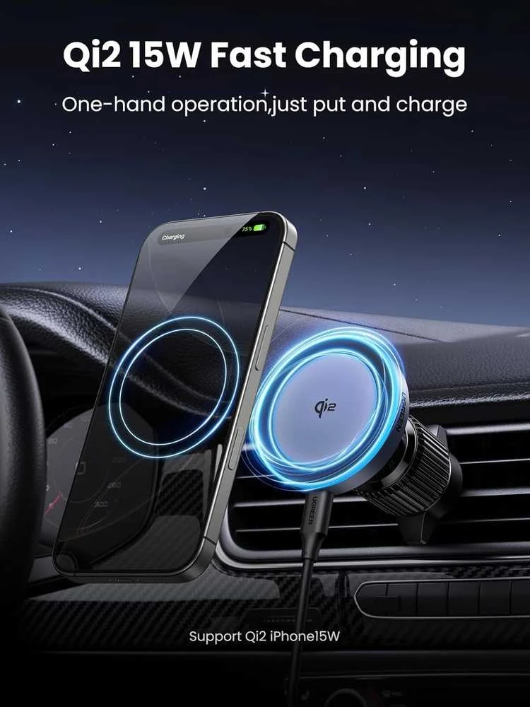 Ugreen Automobilinis magnetinis telefono laikiklis su belaidžiu Qi2 įkrovimu 15W, pilkas