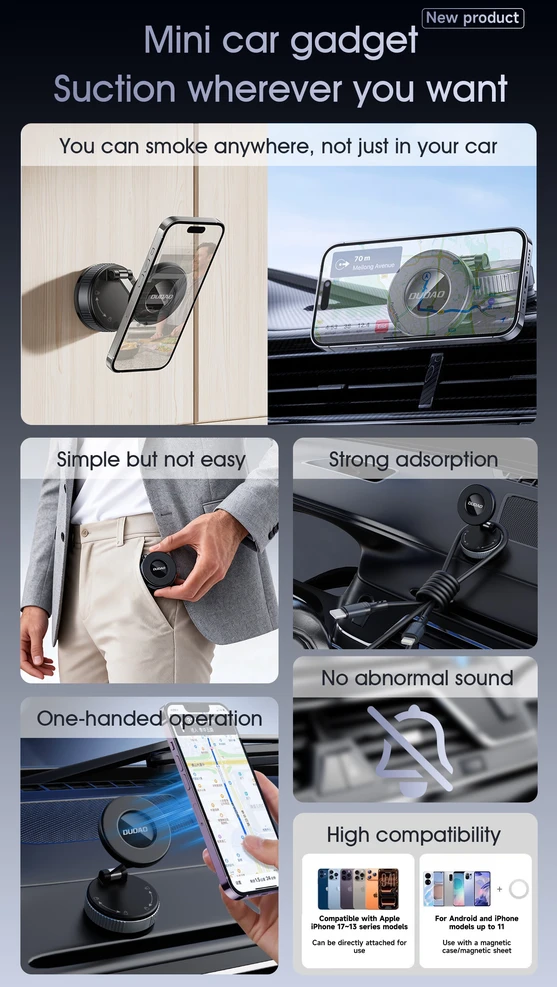 Dudao F24PRO „MagSafe“ suderinamas automobilio laikiklis su siurbtuku, skirtas priekiniam stiklui arba prietaisų skydeliui - Juodas