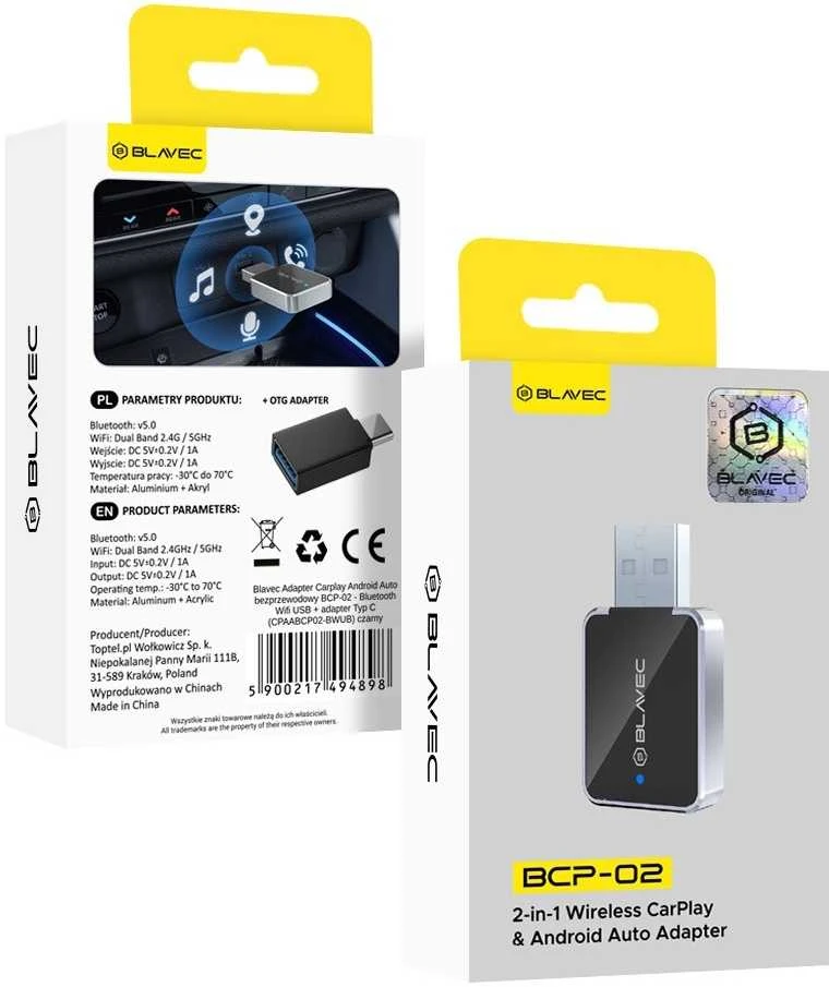 Blavec Adapteris Carplay Android Auto wireless BCP-02 – Bluetooth Wifi USB + adapteris Typ C (CPAABCP02-BWUB) juodos spalvos