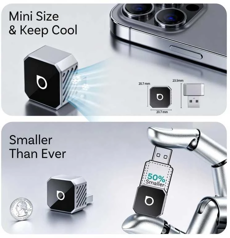 Ottocast Mini Cube adapterio dydžio palyginimo schema