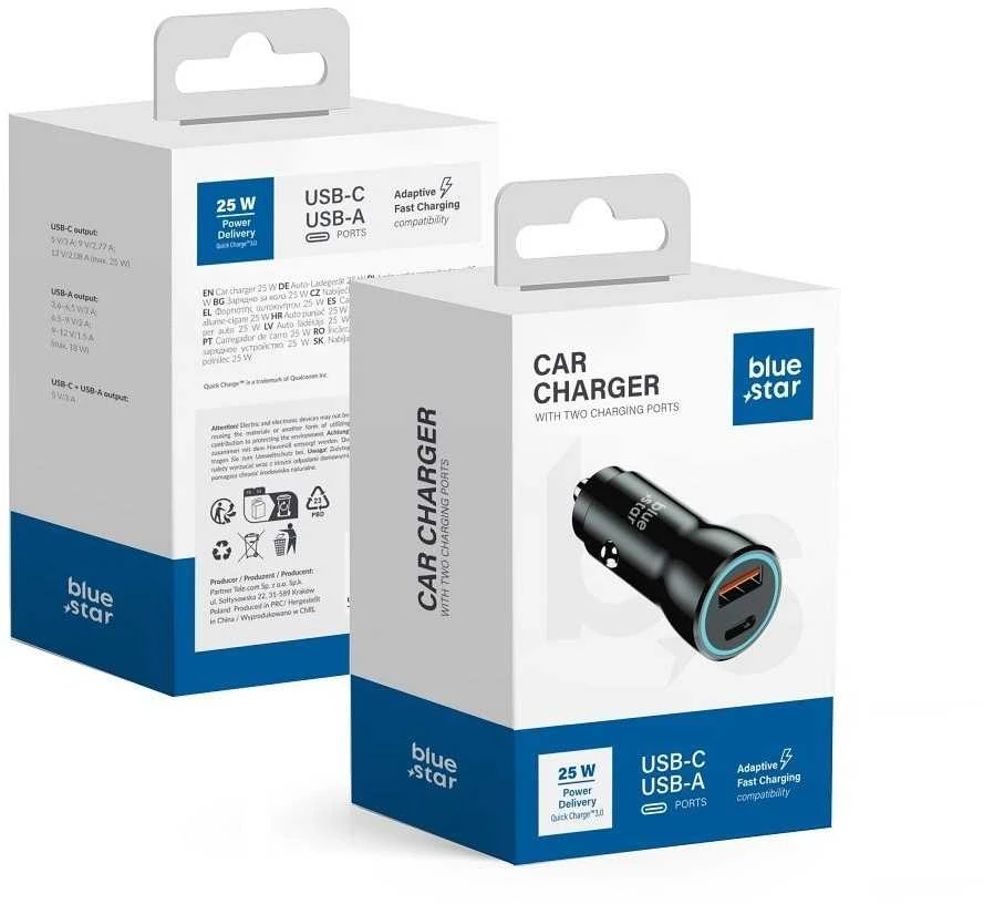 BlueStar Įkroviklis automobilinis Blue Star (1xUSB; 1xUSB-C; QC 3.0; 25W) juodas