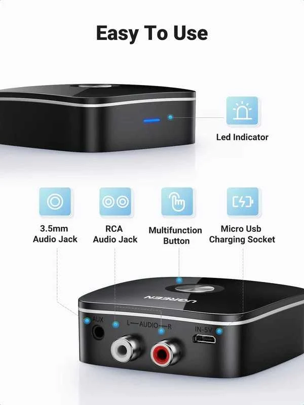 Bluetooth adapteris imtuvas Ugreen CM123 2xRCA/AUX Bluetooth 5.0 juodas (30445)