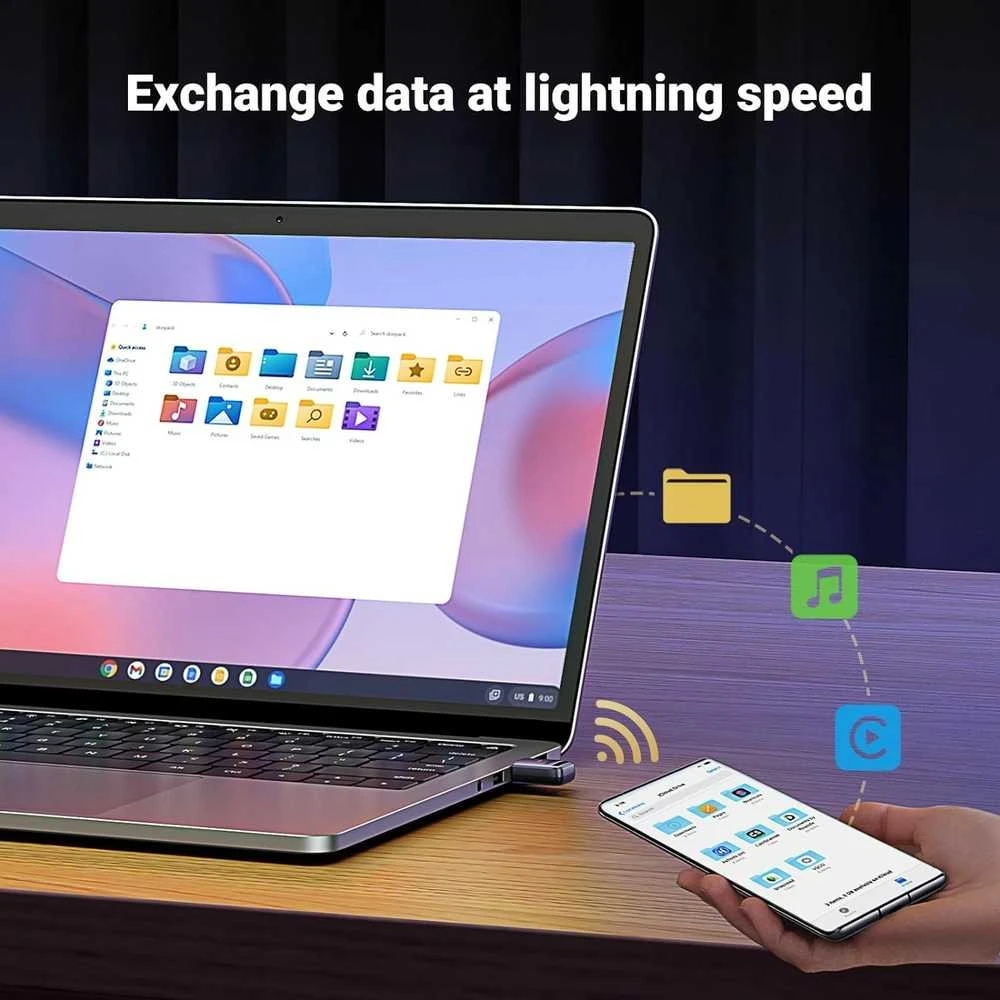 Ugreen Bluetooth 5.4 adapteris su duomenų perdavimo vizualizacija