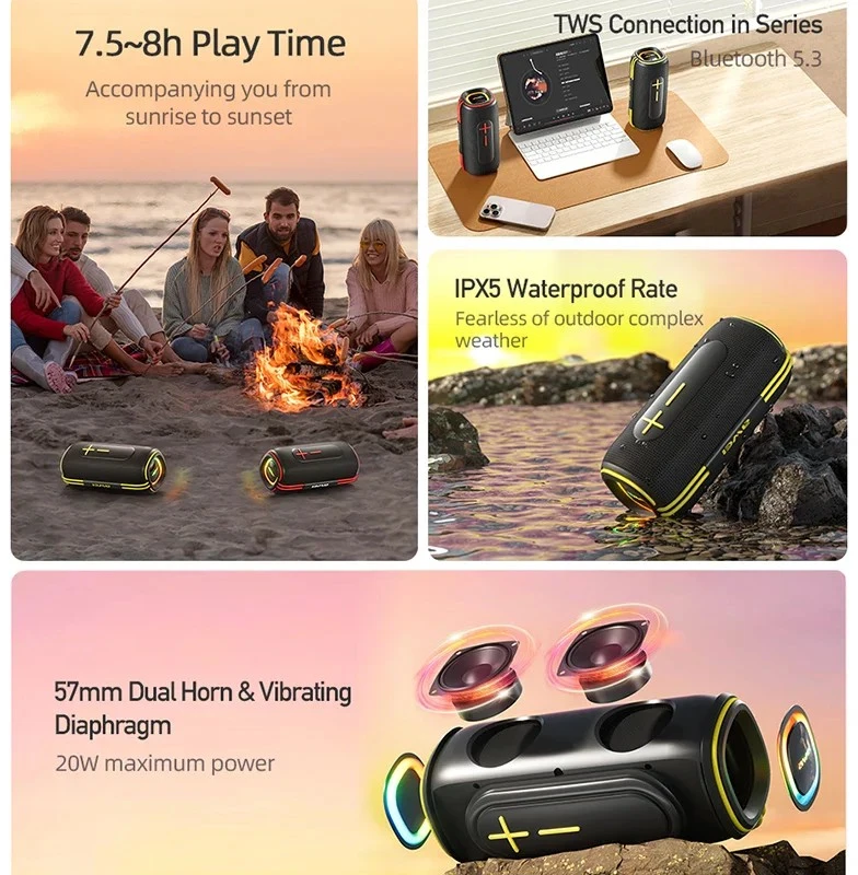 Bluetooth nešiojamas garsiakalbis Awei KA5 20W juodas-geltonas