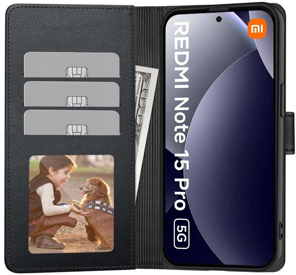 Dėklas Tech-Protect Wallet Xiaomi Redmi Note 15 Pro 5G matinės juodos spalvos