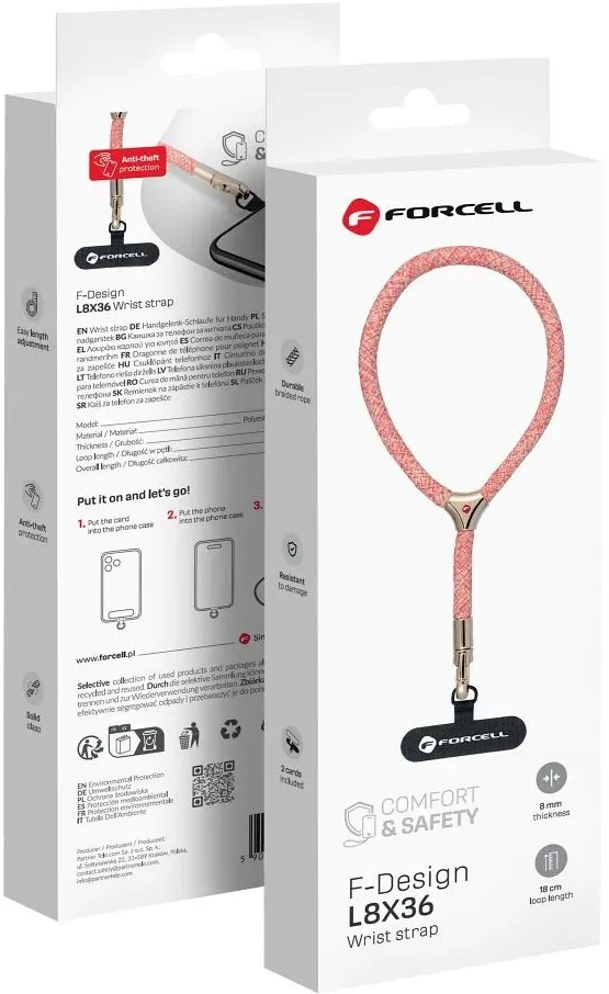 FORCELL F-DESIGN L8X36 riešo telefono virvelė su reguliuojamu ilgiu (maks. 18 cm kilpoje) rožinė balta