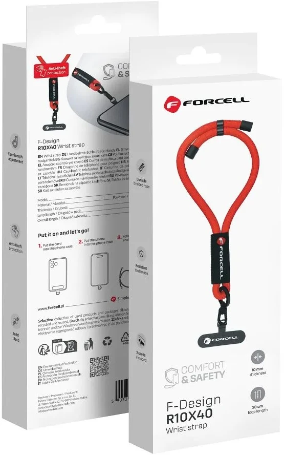 FORCELL F-DESIGN R10X40 riešo telefono virvelė su reguliuojamu ilgiu (maks. 20 cm kilpoje) raudona