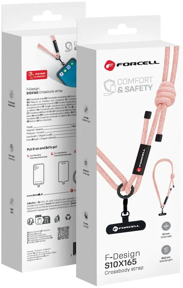 FORCELL F-DESIGN S10X165 telefono virvelė su reguliuojamu ilgiu (maks. 82,5 cm kilpoje) rožinė balta