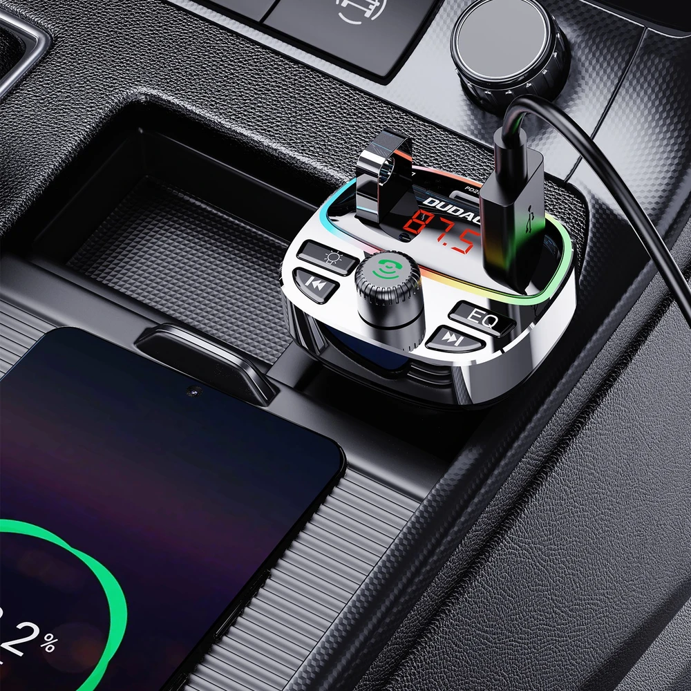 Dudao R2PRO+ FM moduliatorius with PD25W Bluetooth 5.3 RGB Charging Ports – juodos spalvos ir sidabro spalvos