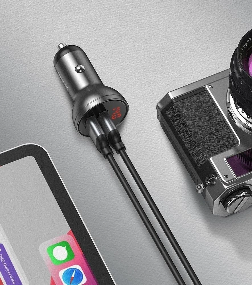 Baseus automobilinis įkroviklis 24W su 3-in-1 USB kabeliu 1.2m