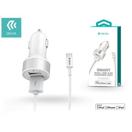 Įkroviklis automobilinis Devia Smart MFI su 2 USB jungtimis (2.4A) + MFI Lightning baltas