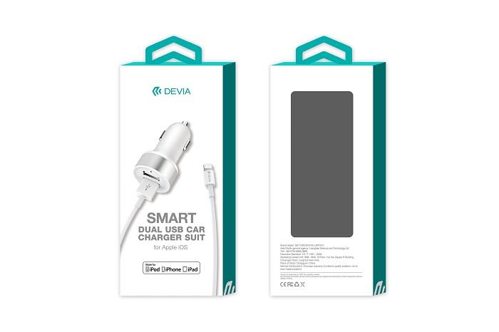 Įkroviklis automobilinis Devia Smart MFI su 2 USB jungtimis (2.4A) + MFI Lightning baltas